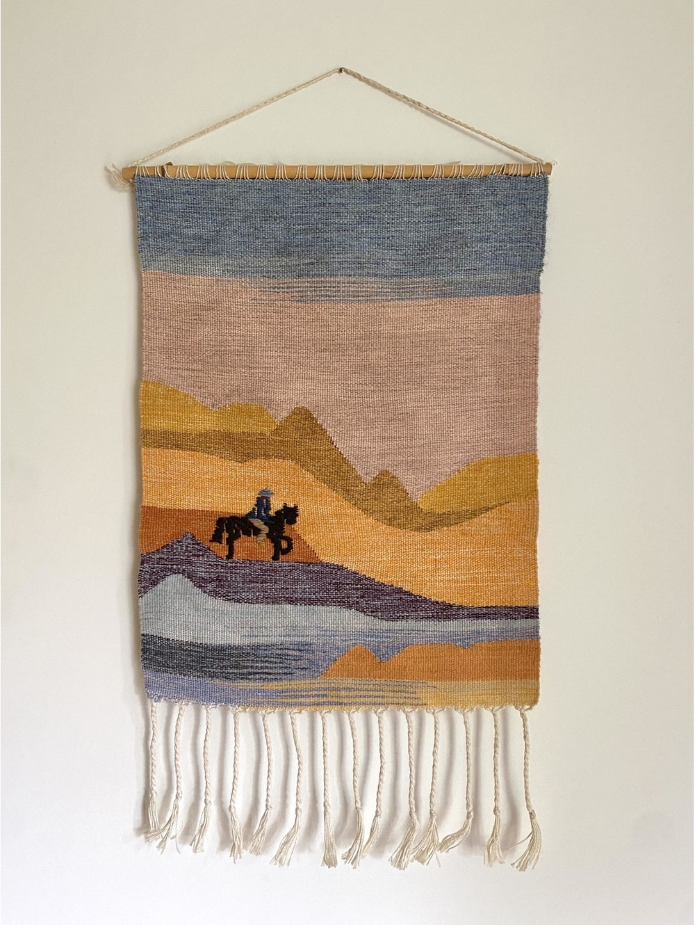 Vintage Handwoven Wool Wall Hanging Horse Rider Tapestry Boho Fiber Art 15.5x12”
